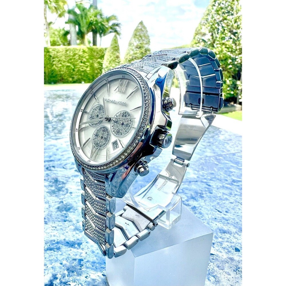 MICHAEL KORS Women's Chronograph Whitney Stainless Steel Pavé Bracelet Watch - Picture 3 of 9